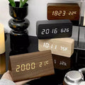 Wooden LED Alarm Clock Voice Controlled Bedside Table Decor Bedroom