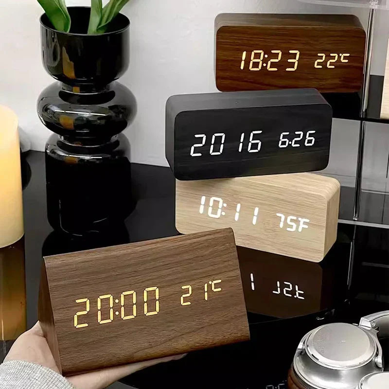 Wooden LED Smart Alarm Clock Voice-Controlled Temperature Display Bedside Home Decor