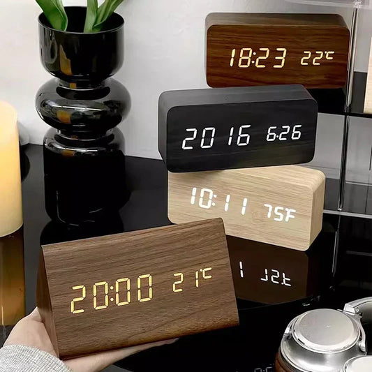Wooden LED Smart Alarm Clock Voice-Controlled Temperature Display Bedside Home Decor