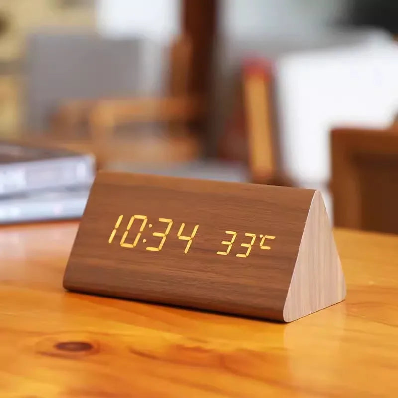 Wooden LED Alarm Clock Voice Controlled Bedside Table Decor Bedroom