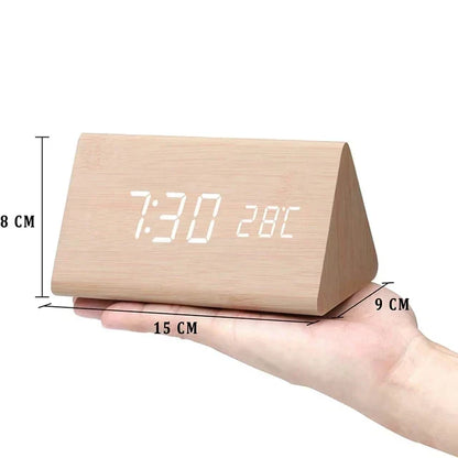 Wooden LED Smart Alarm Clock Voice-Controlled Temperature Display Bedside Home Decor