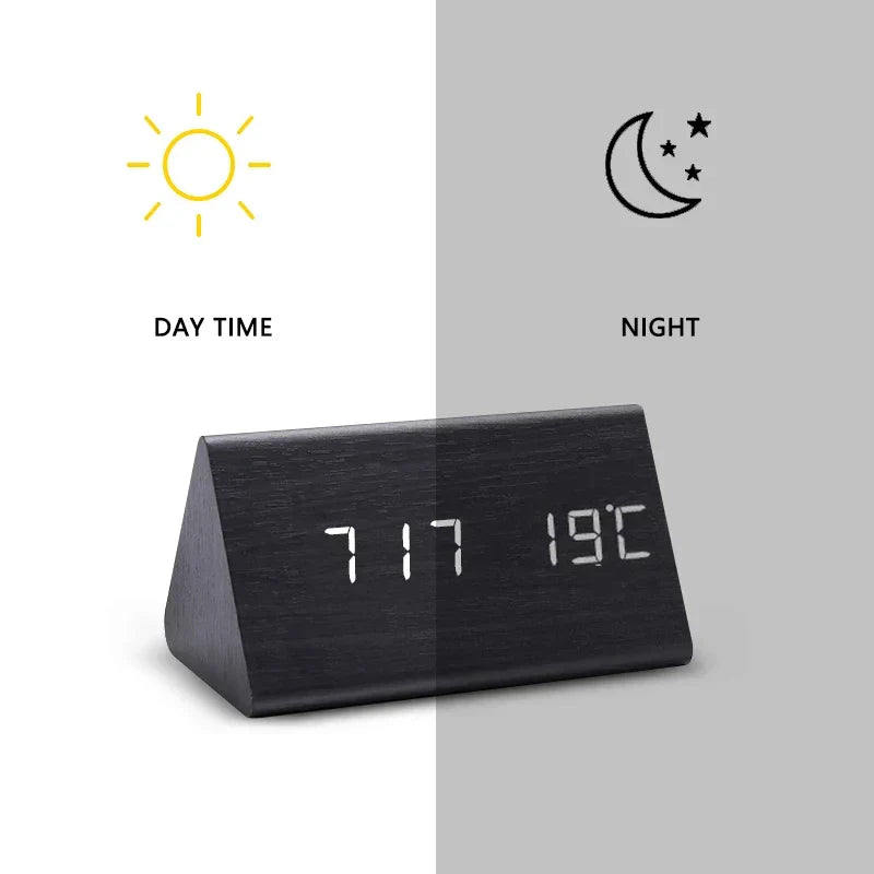 Wooden LED Smart Alarm Clock Voice-Controlled Temperature Display Bedside Home Decor