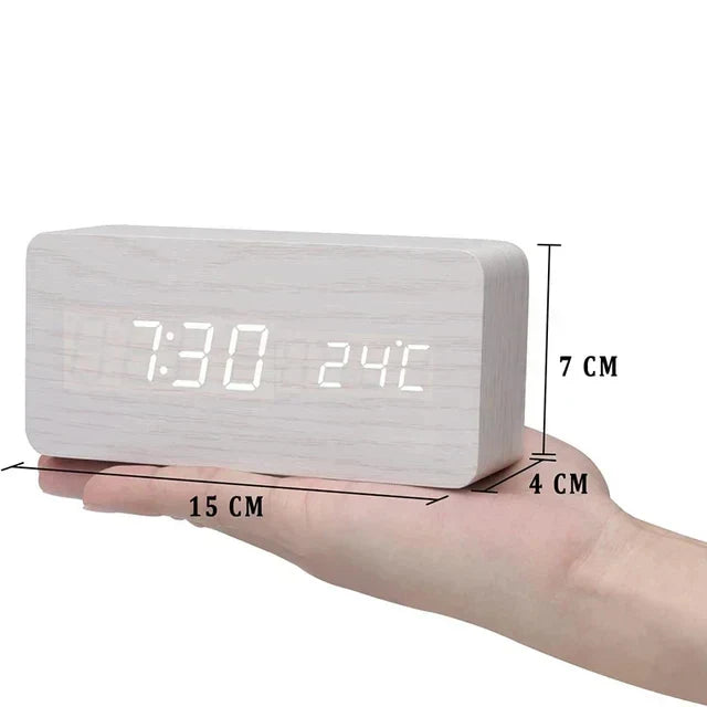 Wooden LED Smart Alarm Clock Voice-Controlled Temperature Display Bedside Home Decor
