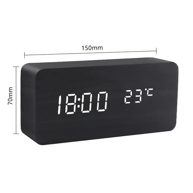 Wooden LED Smart Alarm Clock Voice-Controlled Temperature Display Bedside Home Decor