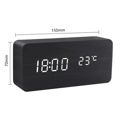 Wooden LED Smart Alarm Clock Voice-Controlled Temperature Display Bedside Home Decor