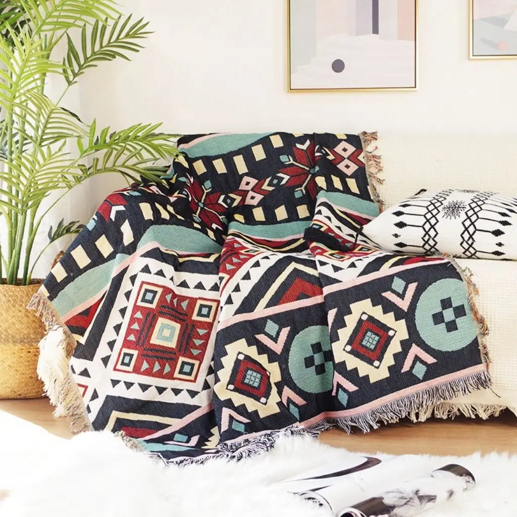 Boho Geometric Cotton Sofa Throw Blanket Indoor Outdoor Picnic Blanket