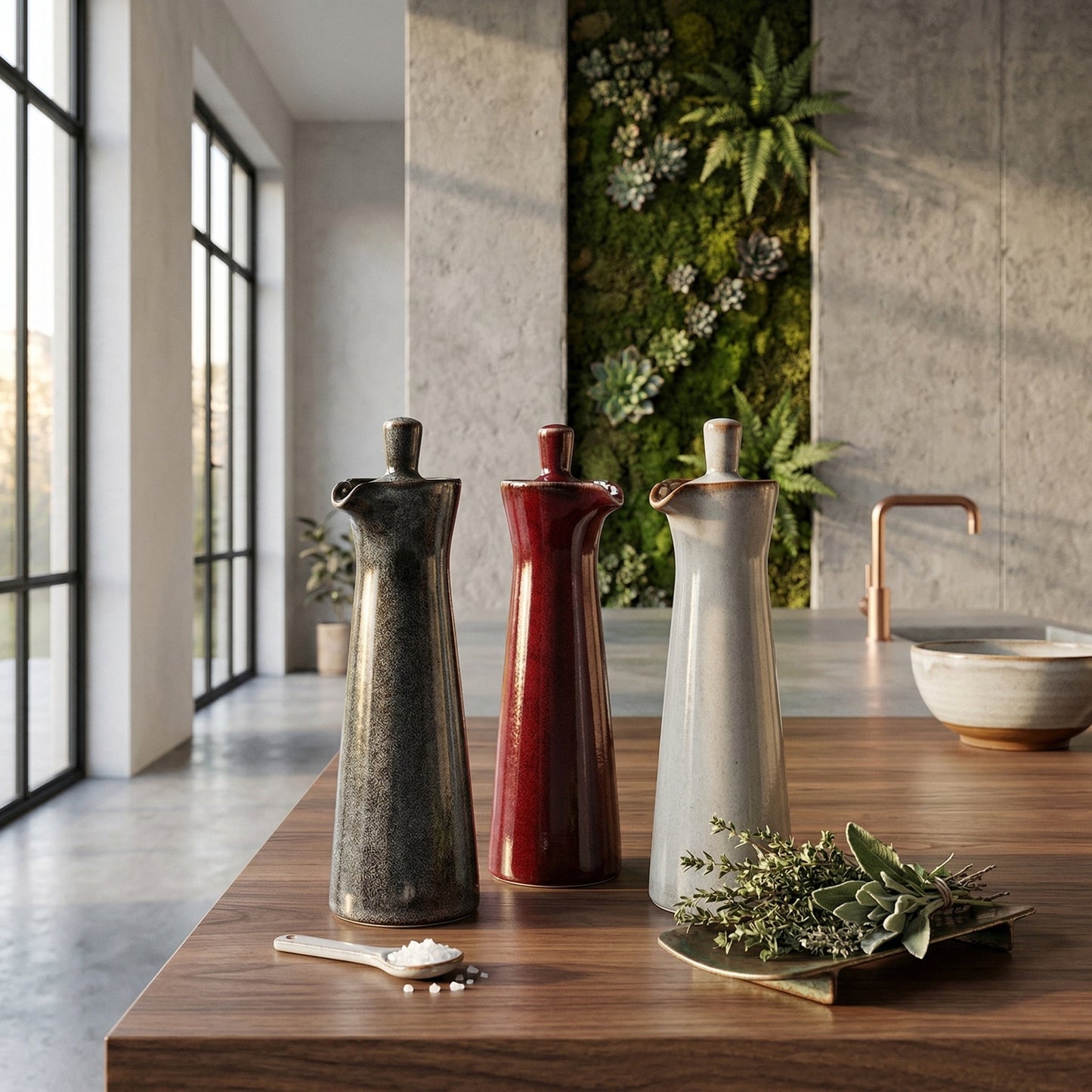 Ceramic Oil and Vinegar Dispenser Artisan Reactive Glaze Japandi Kitchen