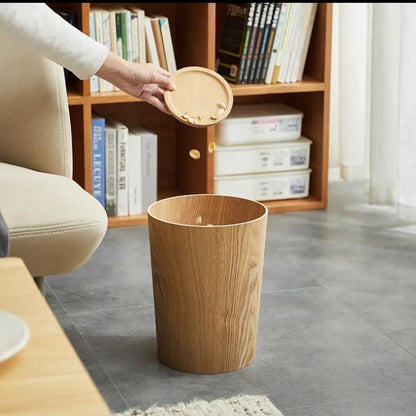 Japandi Rotating Waste Bin Wood Grain Minimalist Bathroom Decor