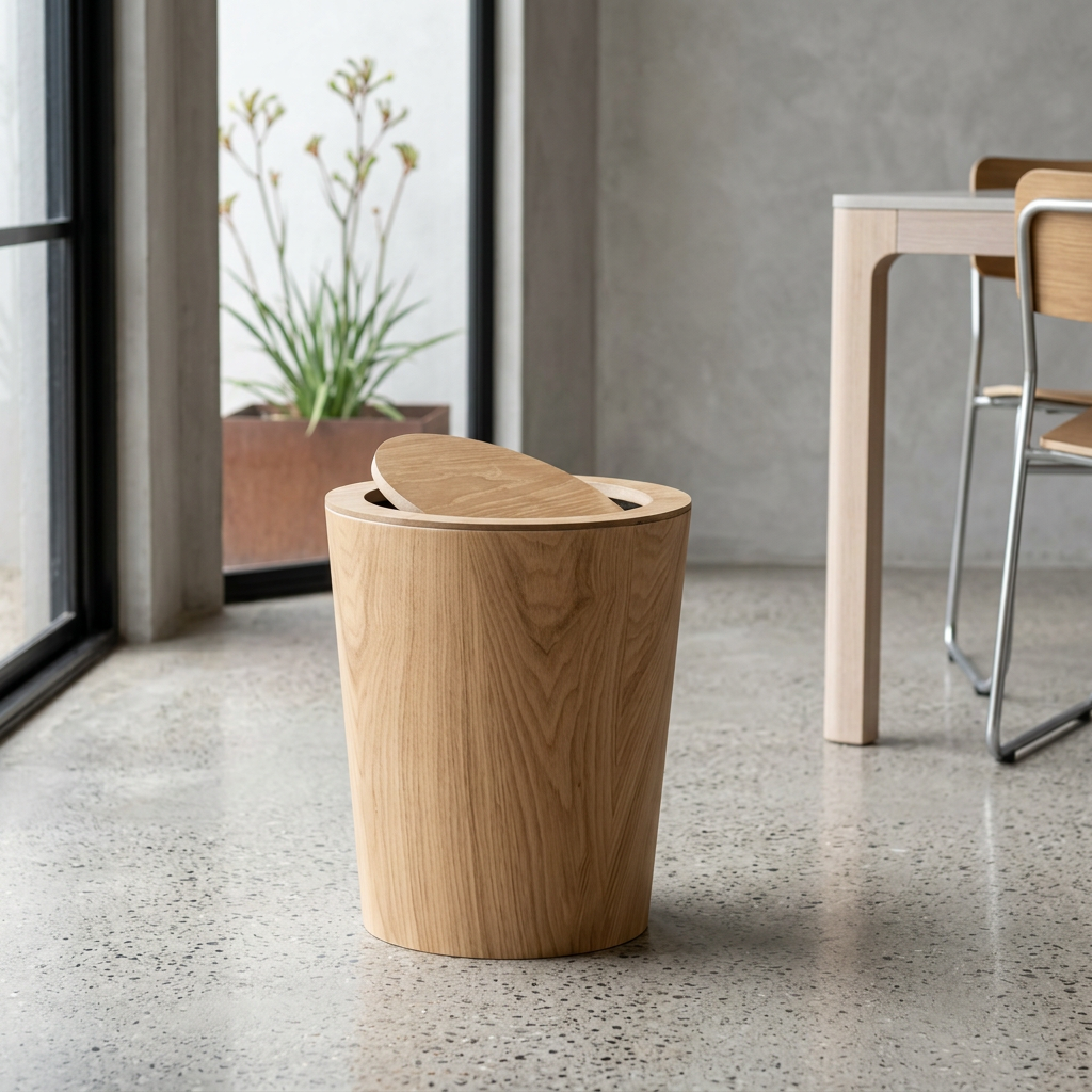 Japandi Rotating Waste Bin Wood Grain Minimalist Bathroom Decor