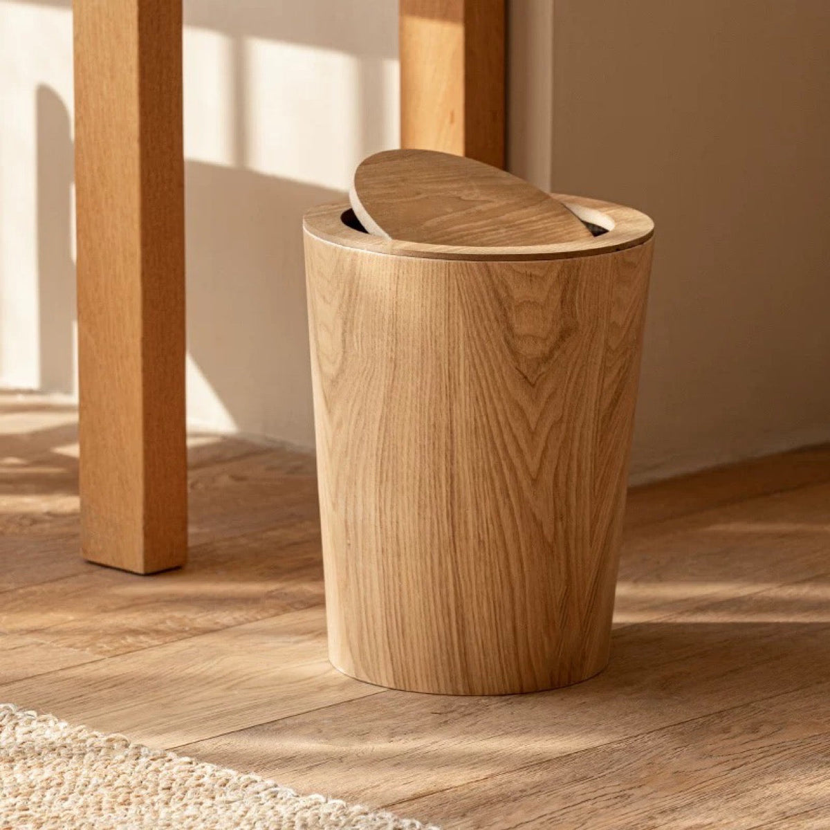 Japandi Rotating Waste Bin Wood Grain Minimalist Bathroom Decor