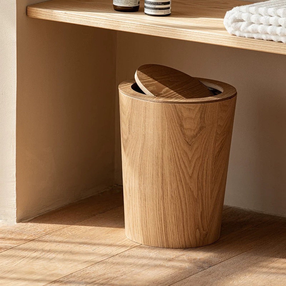Japandi Rotating Waste Bin Wood Grain Minimalist Bathroom Decor