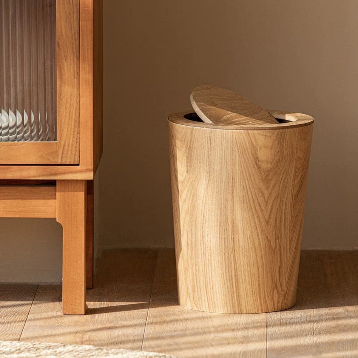 Japandi Rotating Waste Bin Wood Grain Minimalist Bathroom Decor