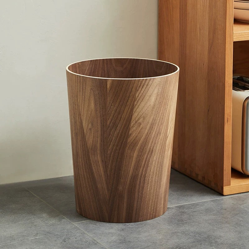 Japandi Rotating Waste Bin Wood Grain Minimalist Bathroom Decor