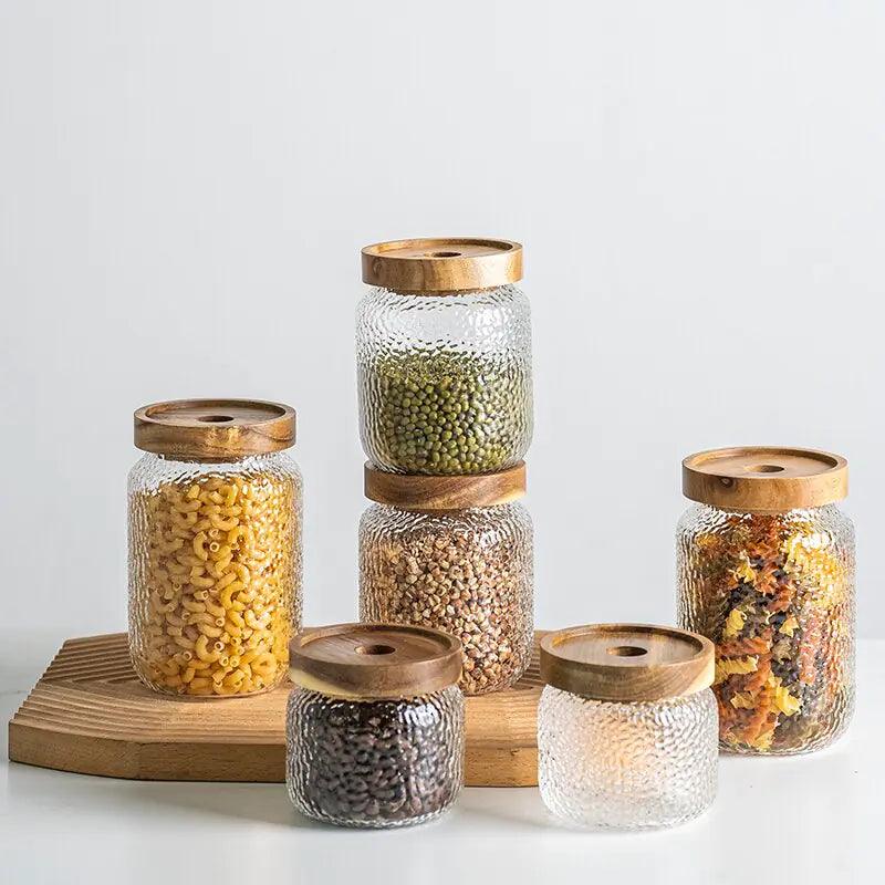 Hammered Glass Airtight Storage Jar with Timber Lid Kitchen Counter Decor