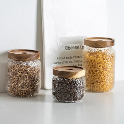 Hammered Glass Airtight Storage Jar with Timber Lid Kitchen Counter Decor