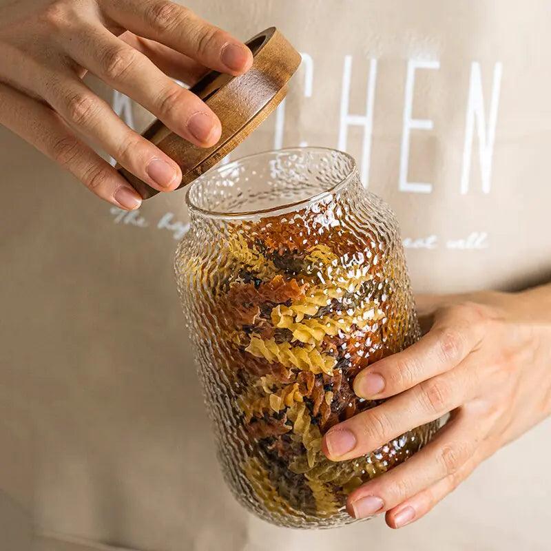 Hammered Glass Airtight Storage Jar with Timber Lid Kitchen Counter Decor
