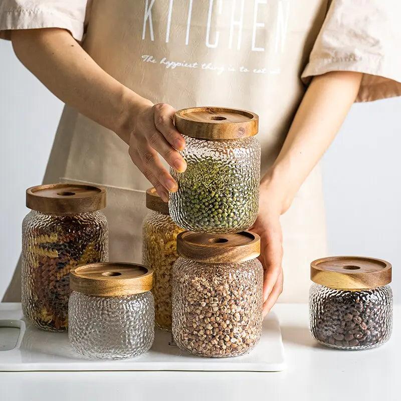 Hammered Glass Airtight Storage Jar with Timber Lid Kitchen Counter Decor
