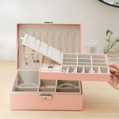 Double-Layer Wooden Jewellery Box with PU Leather Lining Ring Storage Organiser