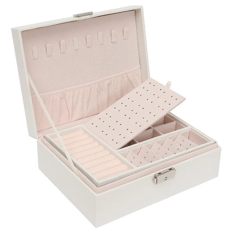 Double-Layer Wooden Jewellery Box with PU Leather Lining Ring Storage Organiser