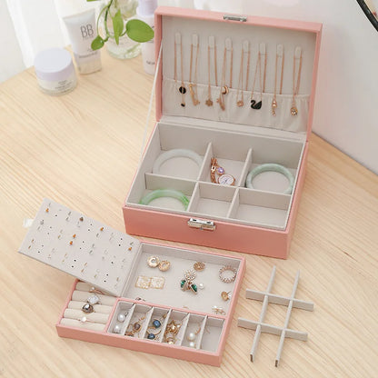 Double-Layer Wooden Jewellery Box with PU Leather Lining Ring Storage Organiser
