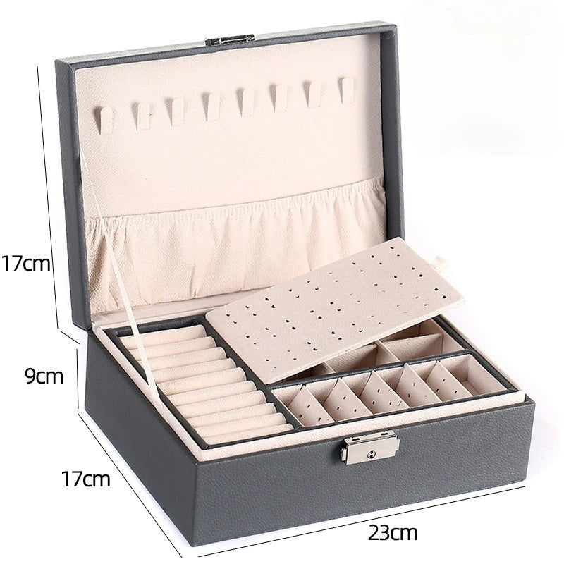 Double-Layer Wooden Jewellery Box with PU Leather Lining Ring Storage Organiser