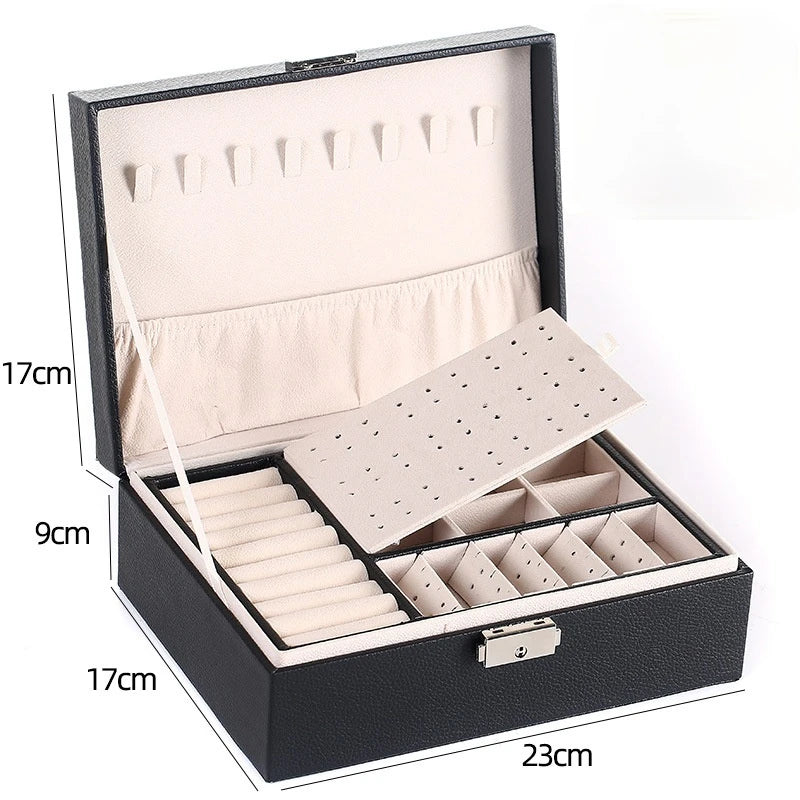 Double-Layer Wooden Jewellery Box with PU Leather Lining Ring Storage Organiser