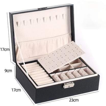 Double-Layer Wooden Jewellery Box with PU Leather Lining Ring Storage Organiser