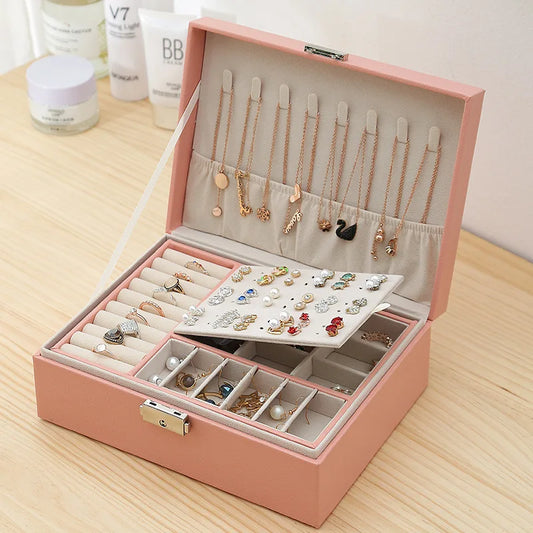 Double-Layer Wooden Jewellery Box with PU Leather Lining Ring Storage Organiser