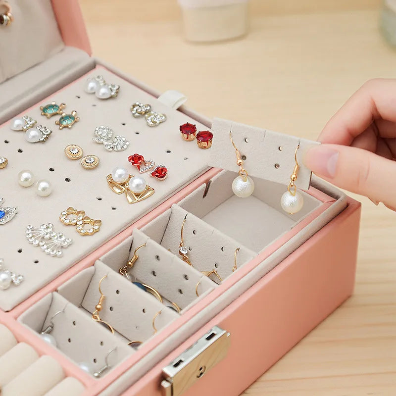 Double-Layer Wooden Jewellery Box with PU Leather Lining Ring Storage Organiser