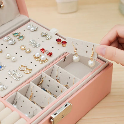 Double-Layer Wooden Jewellery Box with PU Leather Lining Ring Storage Organiser