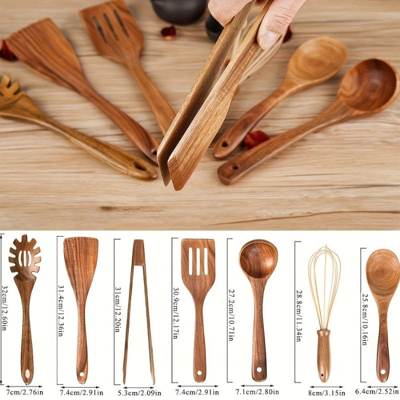 Natural Wood Kitchen Utensil Set of 7 Cooking Tools Home Decor