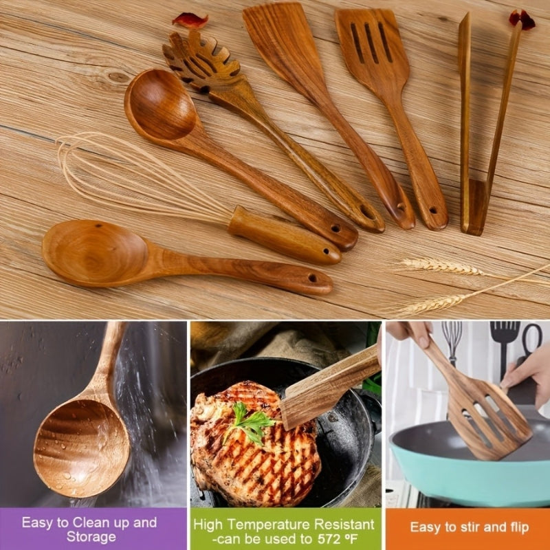 Natural Wood Kitchen Utensil Set of 7 Cooking Tools Home Decor