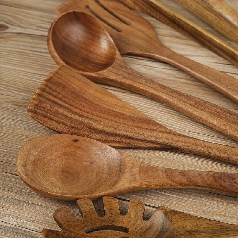 Natural Wood Kitchen Utensil Set of 7 Cooking Tools Home Decor