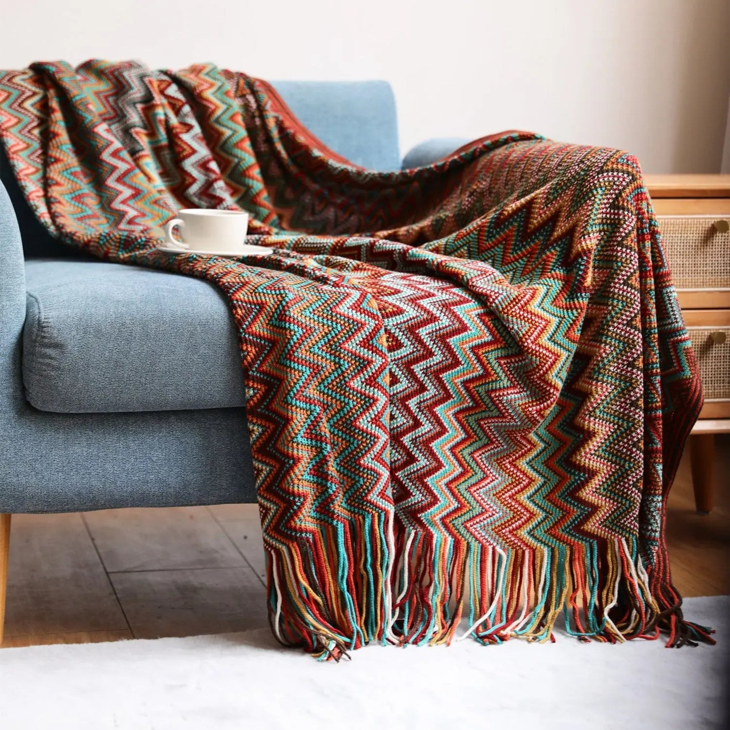 Chevron Woven Coverlet Earthy Tones Bed Cover Sofa Throw Blanket