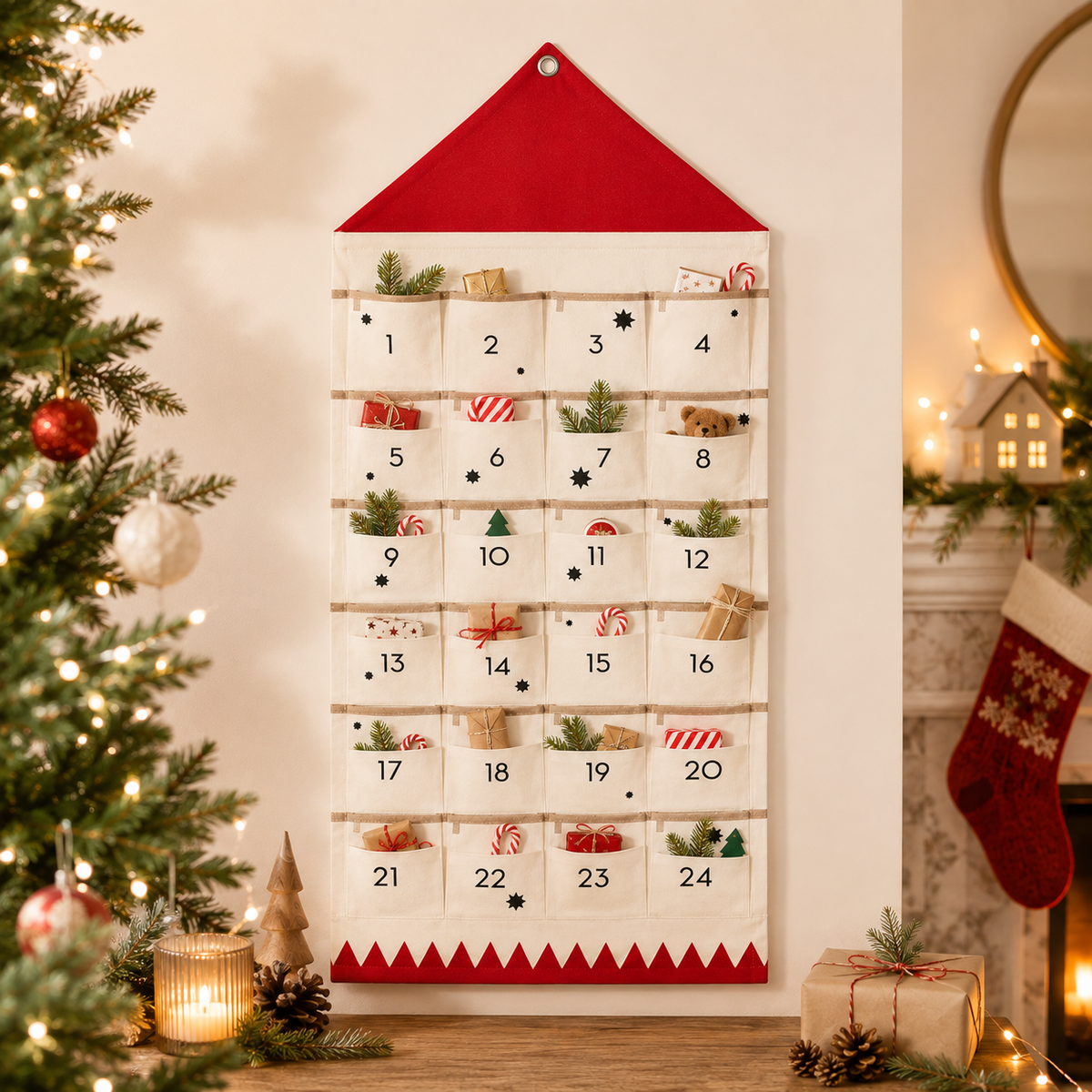 Fabric Advent Calendar 24 Pockets Christmas Wall Decor Kids