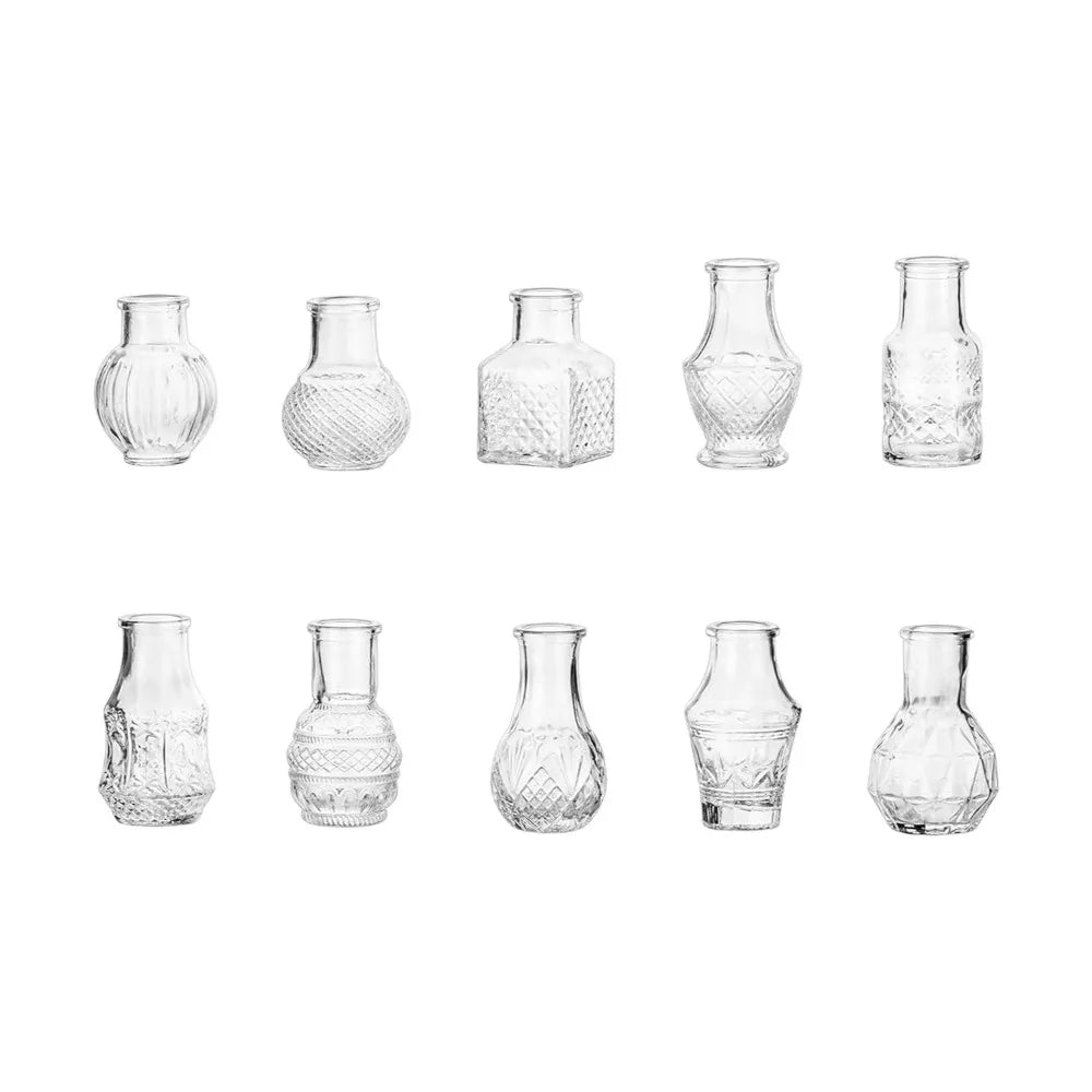 Retro Relief Mini Glass Vase Set of 10 Crystal Clear Bud Vase Home Decor