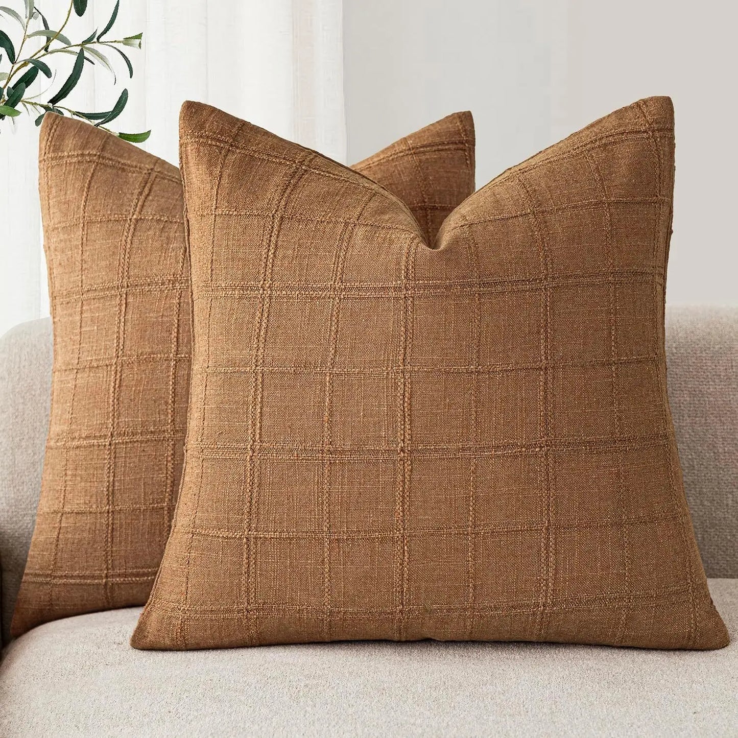 Boho Linen Check Throw Pillow Cover Neutral Sofa Cushion Cover