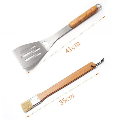 4-Piece Stainless Steel BBQ Tool Set with Wooden Handles Outdoor Grilling Kit
