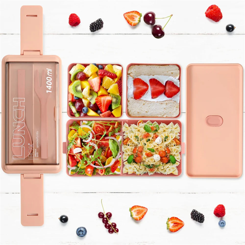 1400ml Double Layer Bento Box with Fork and Spoon Microwave Safe Portable Lunch Box