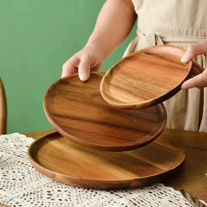 Acacia Wood Round Stackable Serving Tray Snack Plate Home Decor