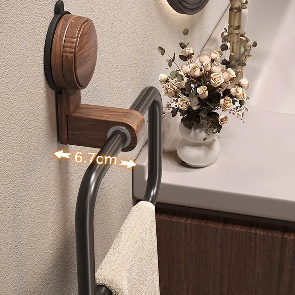 Vintage Walnut Wood Towel Ring Wall-Mounted Suction Cup No-Drill Bathroom Home Decor