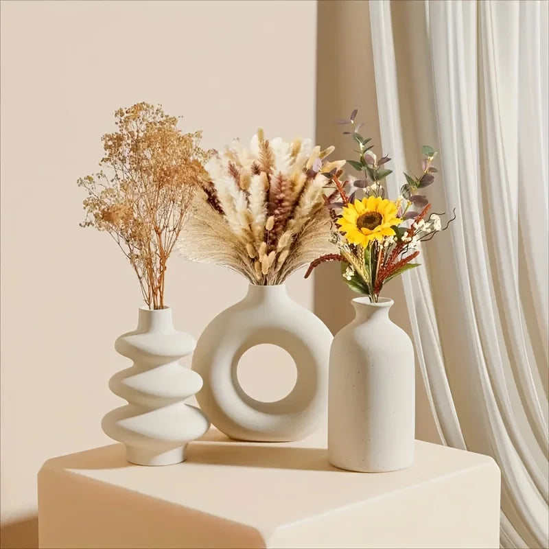 Ceramic Vase Set of 3 Boho Sculptural White Black Home Decor