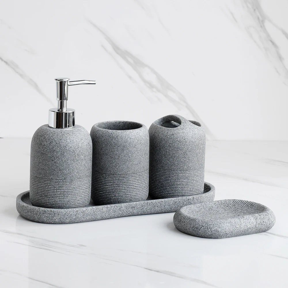 5-Piece Bathroom Accessories Set Lotion Dispenser Toothbrush Holder Tray Decor