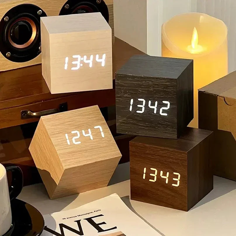 Wooden LED Digital Alarm Clock Temperature Display USB Powered Bedside Home Decor