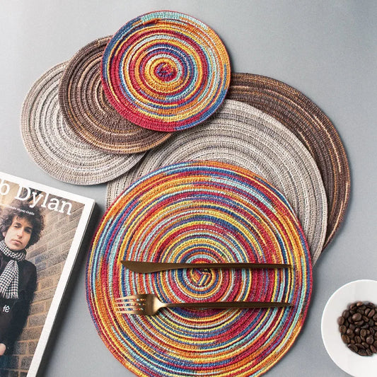 Round Linen Cotton Coaster and Placemat Natural Woven Dining Table Mat Home Decor