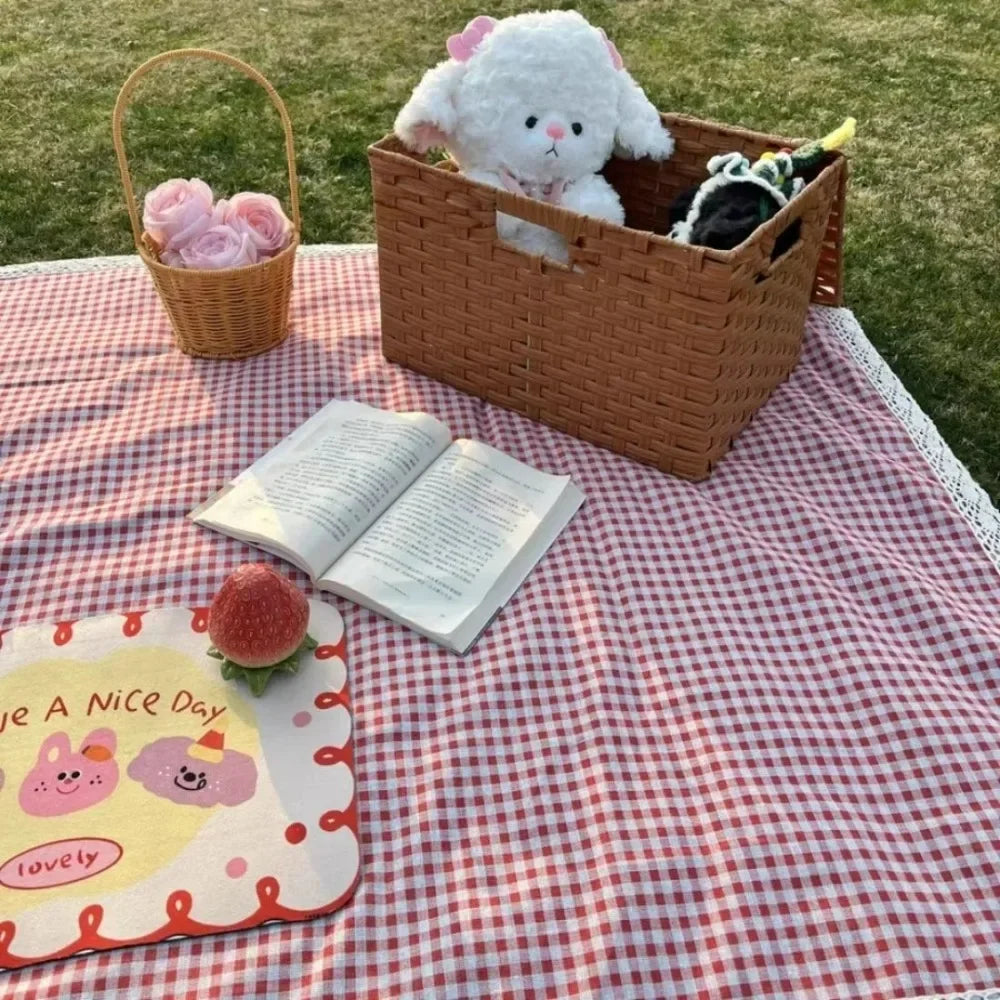 Red Check Canvas Picnic Blanket Waterproof Outdoor Beach Mat Home Decor