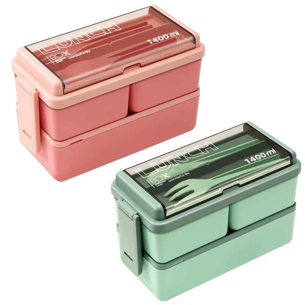 1400ml Double Layer Bento Box with Fork and Spoon Microwave Safe Portable Lunch Box