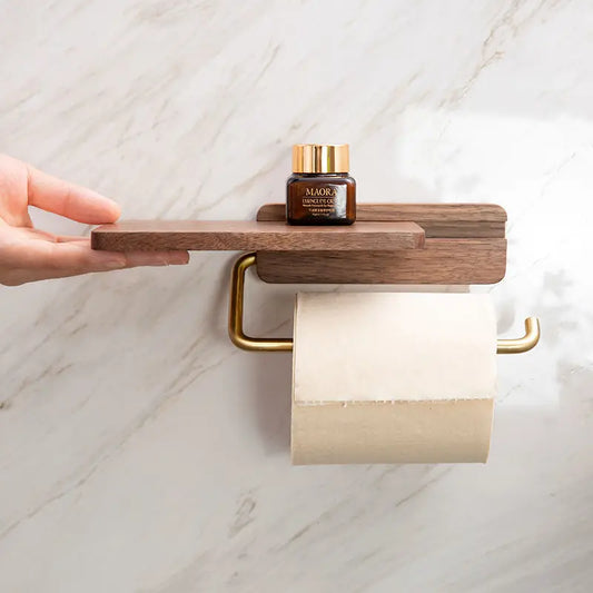 Walnut Wood Toilet Roll Holder Wall Mounted Bathroom Decor