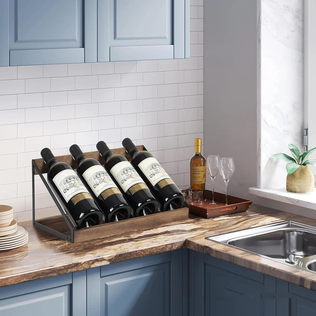 Slanted Desktop Wine Rack Wooden Iron Frame Bottle Storage Home Decor