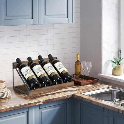 Slanted Desktop Wine Rack Wooden Iron Frame Bottle Storage Home Decor